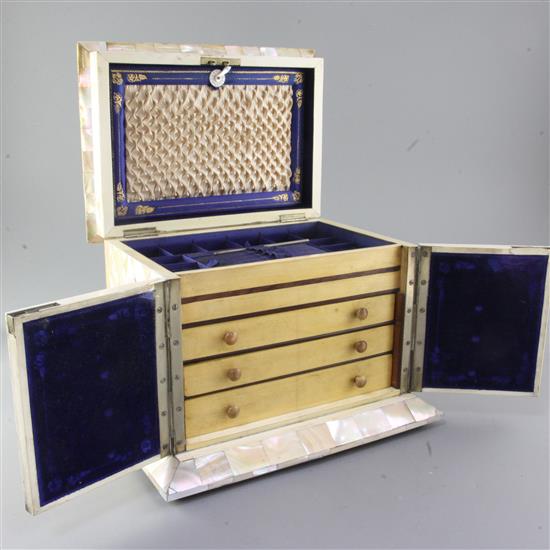 A Victorian mother of pearl and ivory work casket, width 12in. depth 8.75in. height 9in.